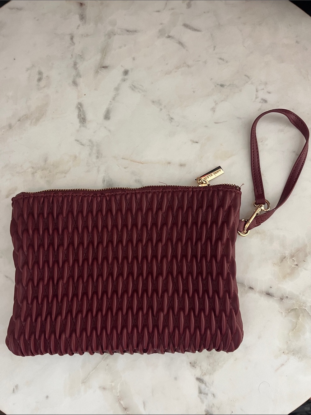 Anne Klein Wine Textured Woven Wristlet Clutch with Gold Hardware